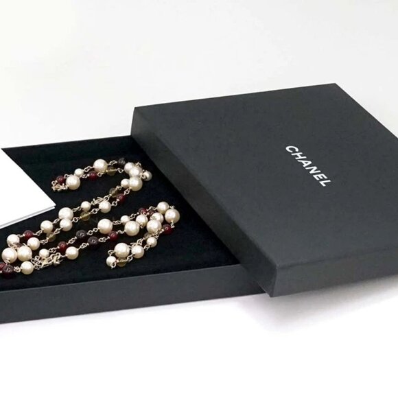 CHANEL CC Logos Red Rhinestone Pearl Long Necklace 42" Gold Tone A16K Auth w/Box - Picture 6 of 6